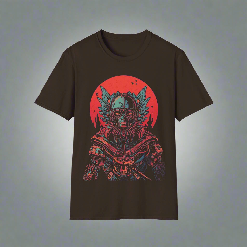 lack t-shirt with a graphic design of a mask and armor