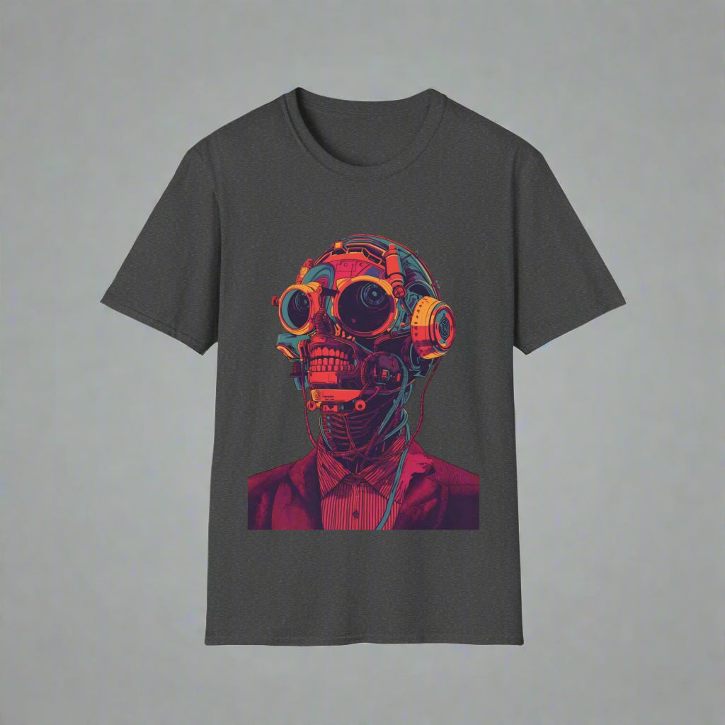 Dark gray t-shirt with a colorful graphic of a skull wearing goggles