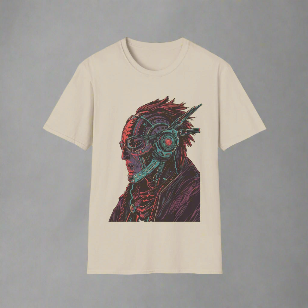 Beige t-shirt with a graphic design of a person wearing headphones