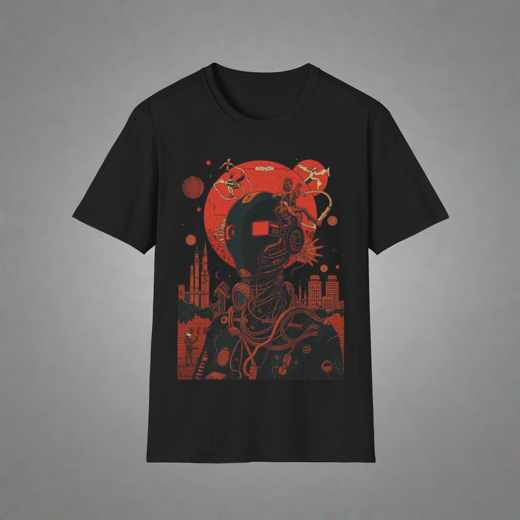 Black t-shirt with red graphic design