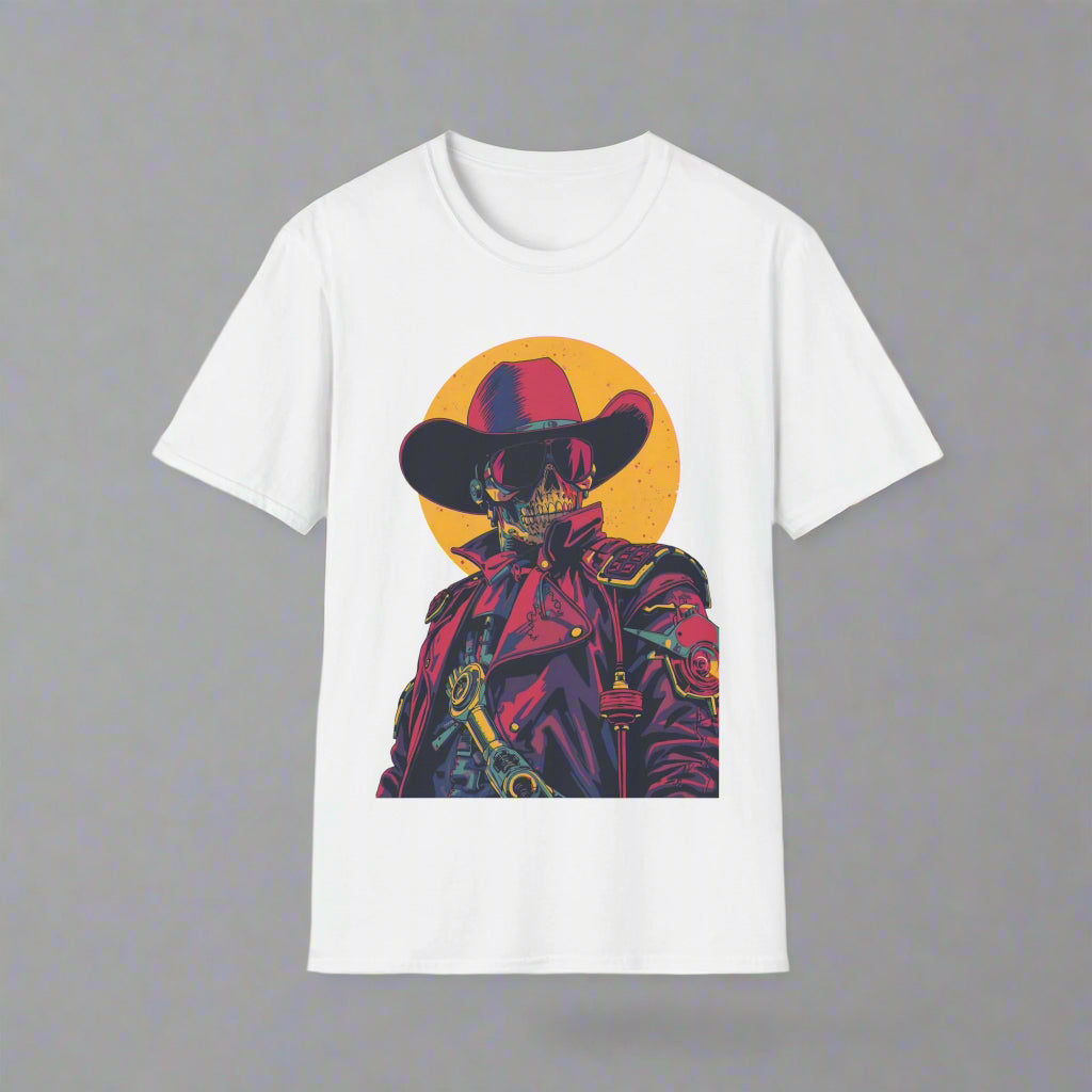 White t-shirt with a colorful skeleton cowboy graphic