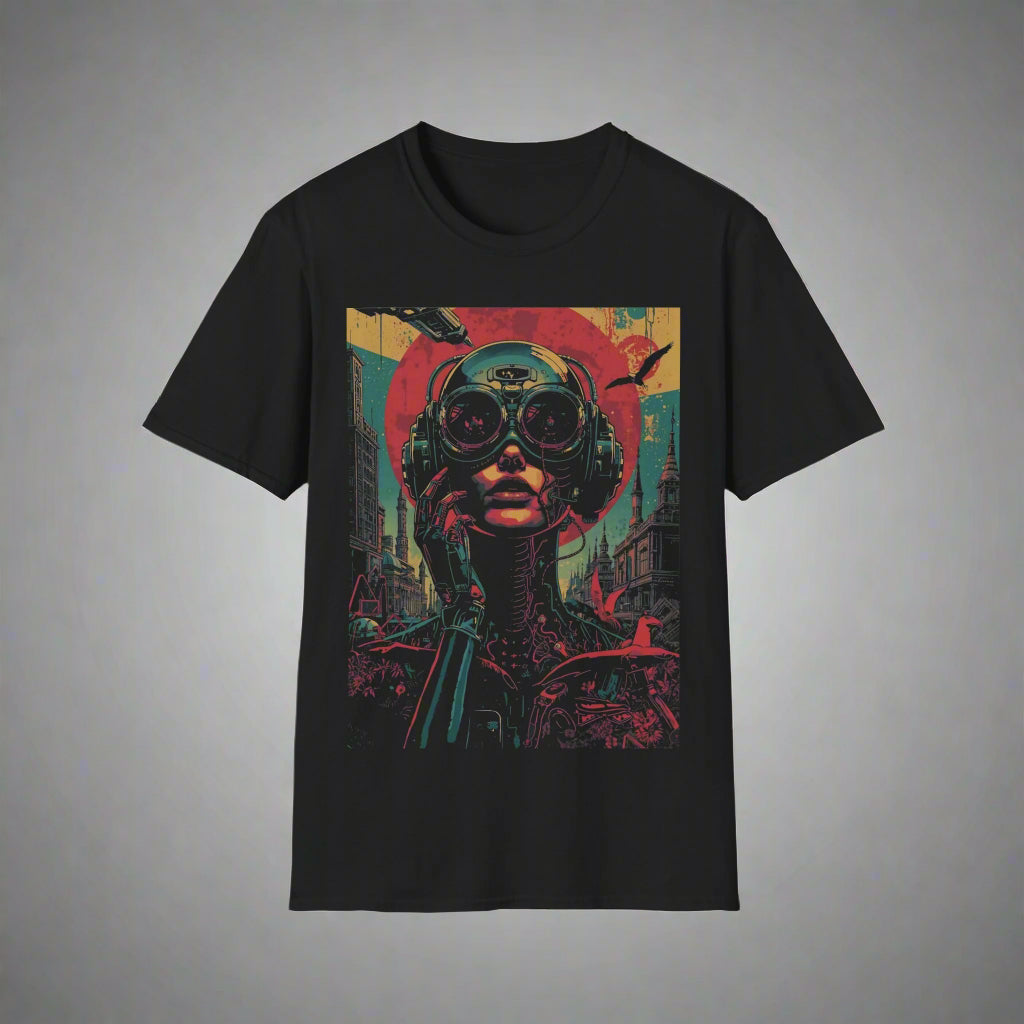 Black t-shirt with a colorful graphic design of a person wearing headphones