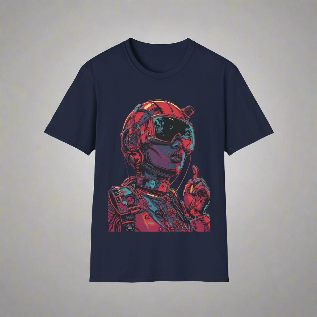 Navy blue t-shirt with a colorful robot graphic