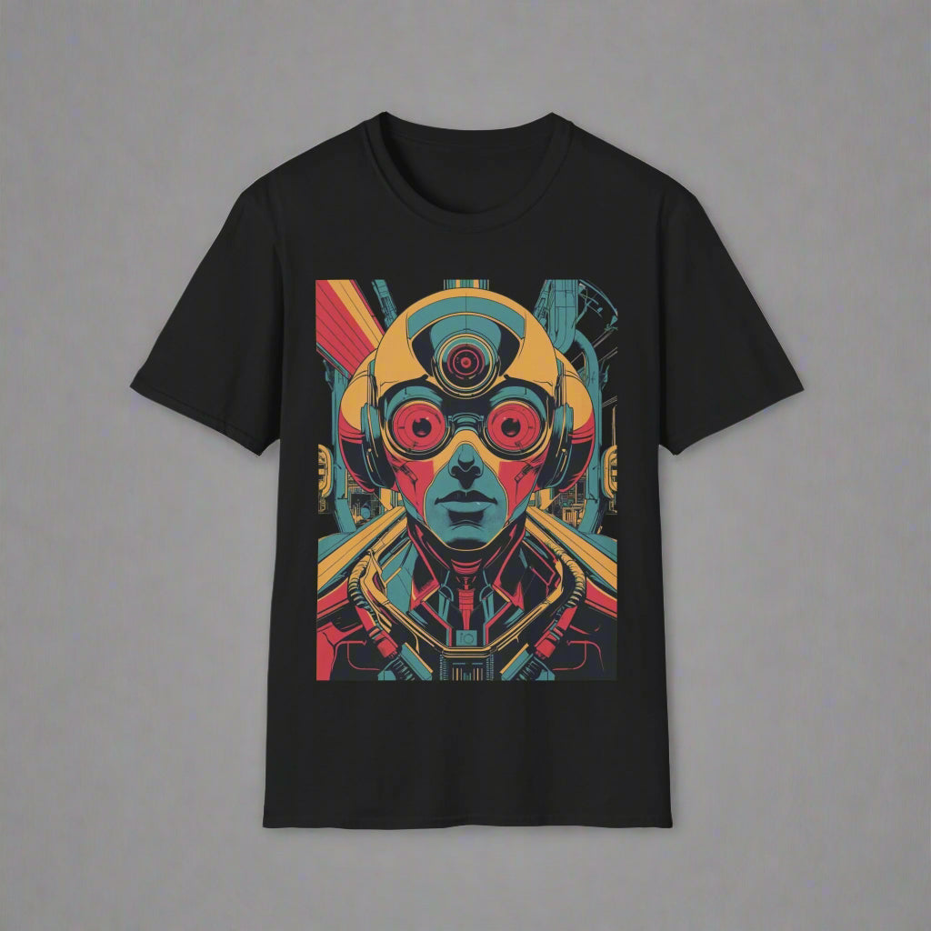 Black t-shirt with a colorful graphic design