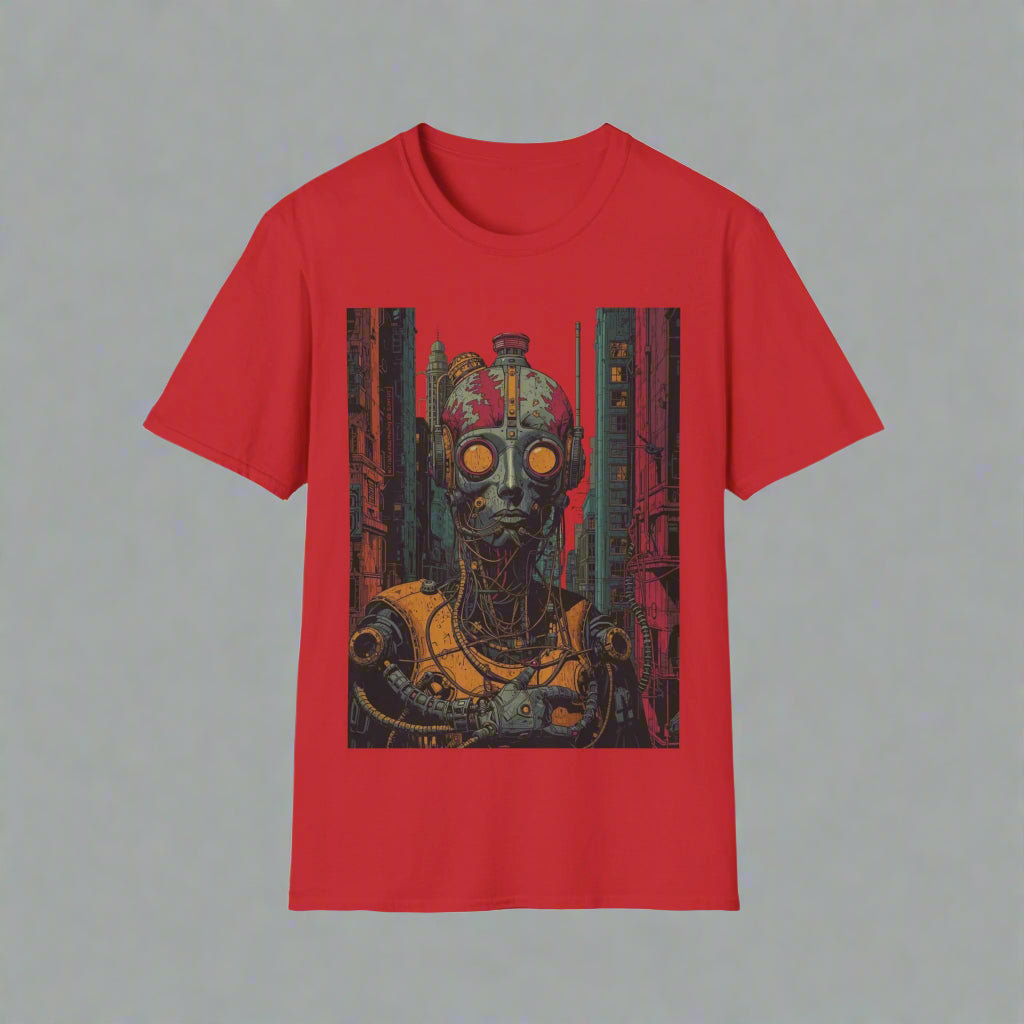 Red t-shirt with a graphic design of a robot-like creature