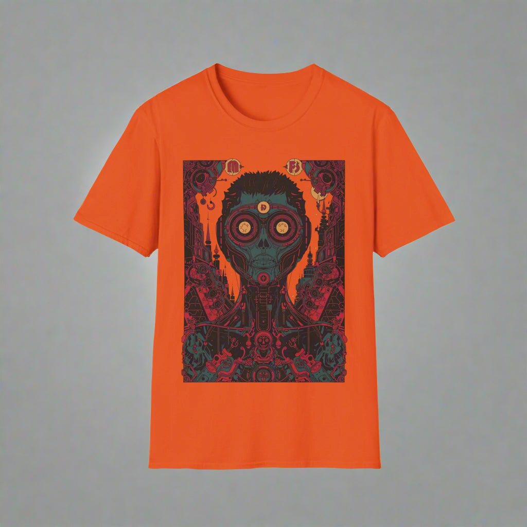 Orange t-shirt with a graphic design of a person wearing a gas mask