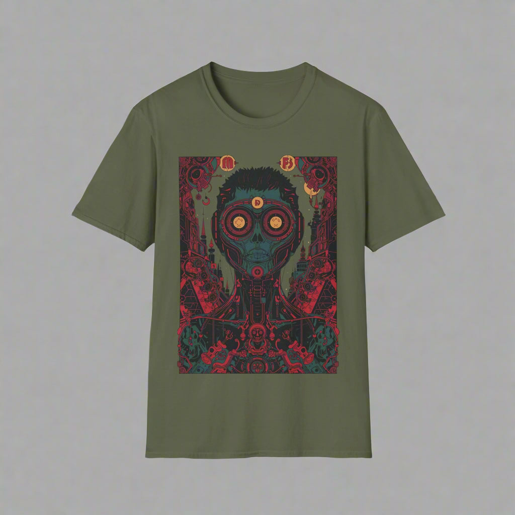 Green t-shirt with a graphic design of a mask and abstract elements
