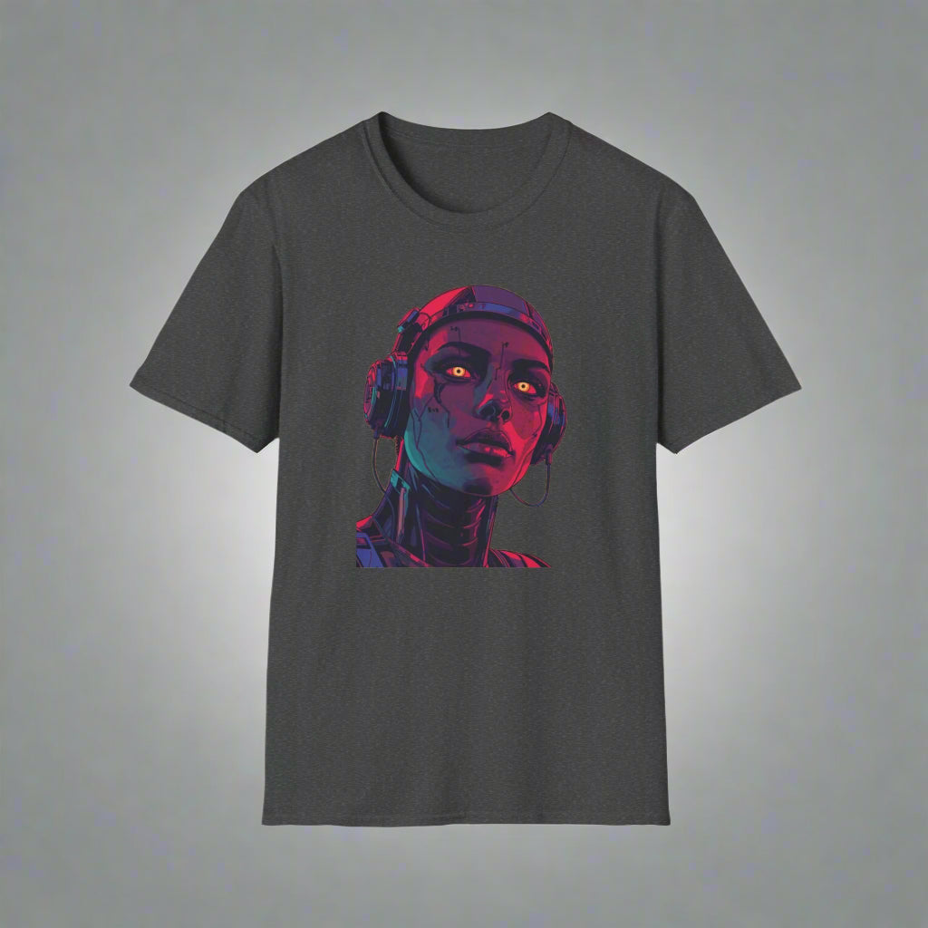 Dark gray t-shirt with a colorful graphic of a person wearing headphones