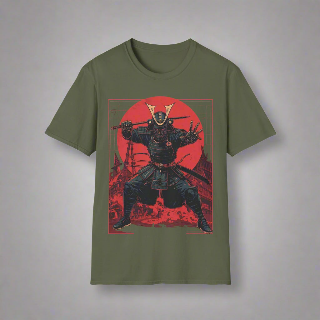 Green t-shirt with a graphic of a warrior