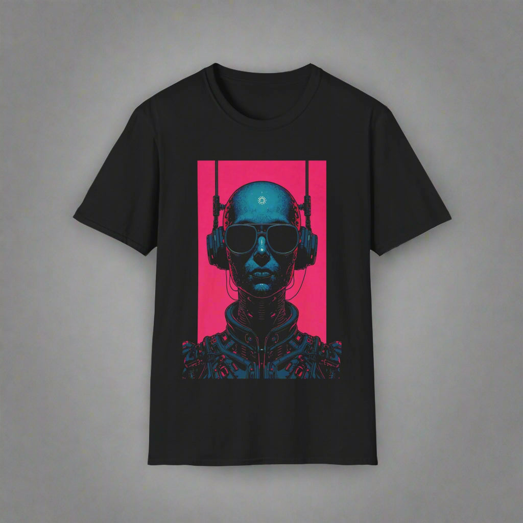 Black t-shirt with a futuristic design of a person wearing headphones and sunglasses