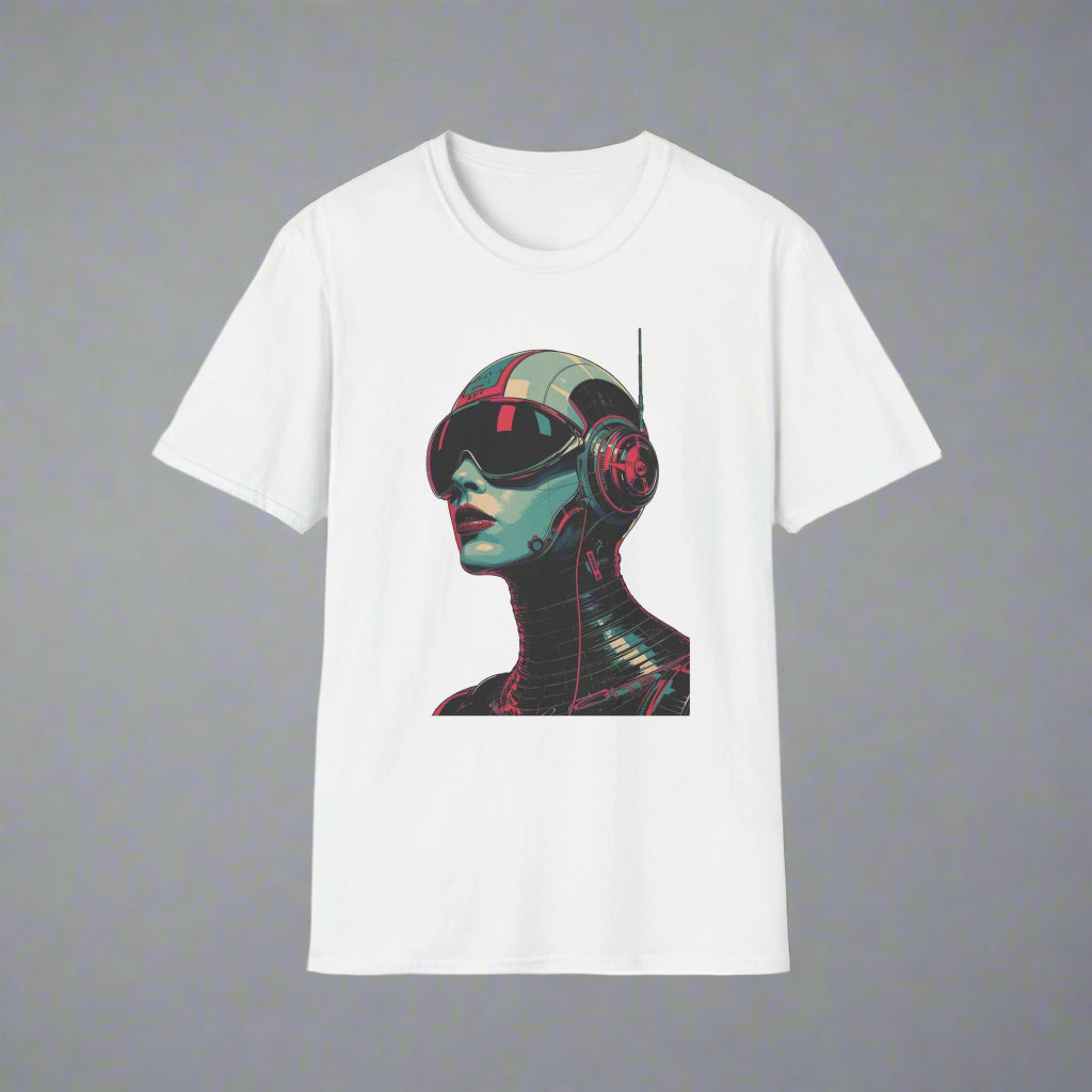 White t-shirt with a colorful graphic of a person wearing headphones