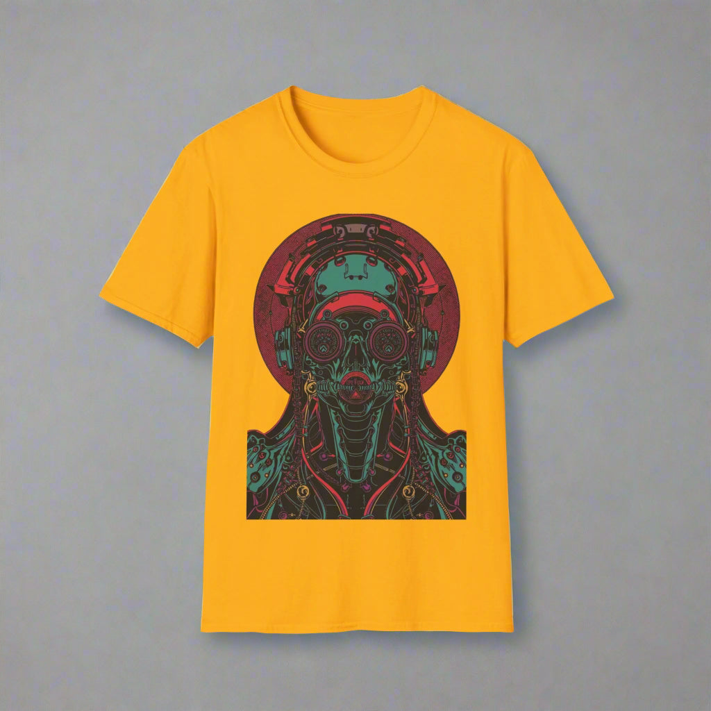 Yellow t-shirt with a colorful graphic design