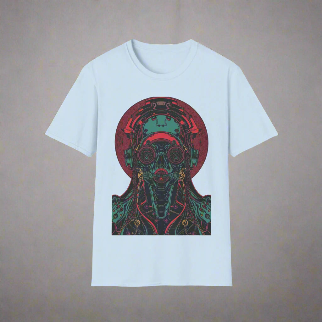 White t-shirt with a colorful graphic design