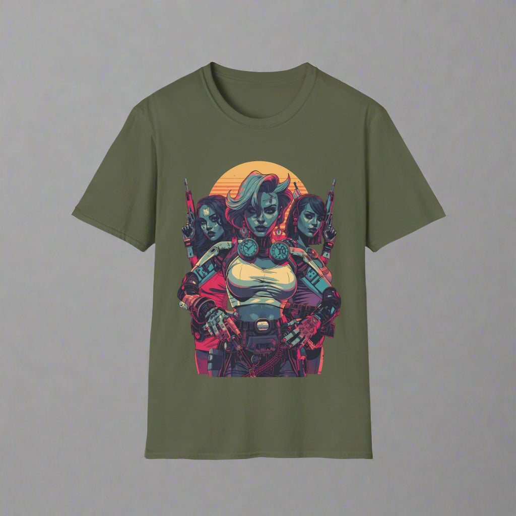 Green t-shirt with a graphic design of three characters against a sunset background