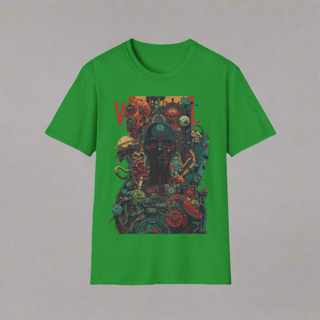 Green t-shirt with a colorful graphic design