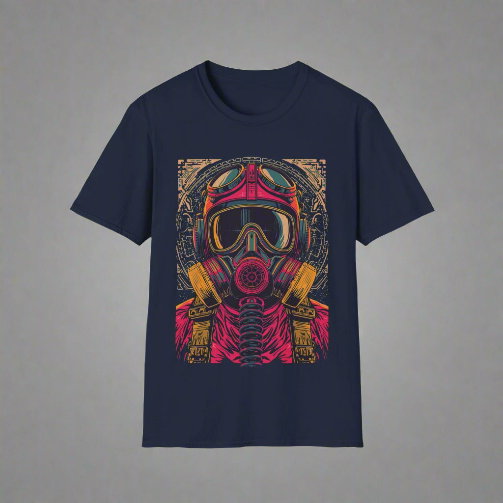 Navy blue t-shirt with a colorful graphic of a helmet and gas mask