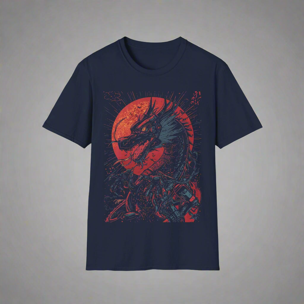 Navy blue t-shirt with a red and black dragon design