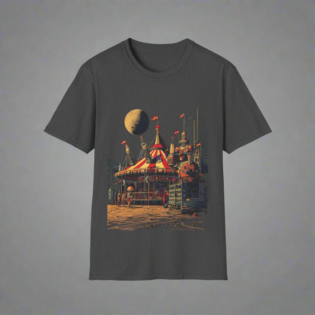Dark gray t-shirt with a space-themed design of a carousel