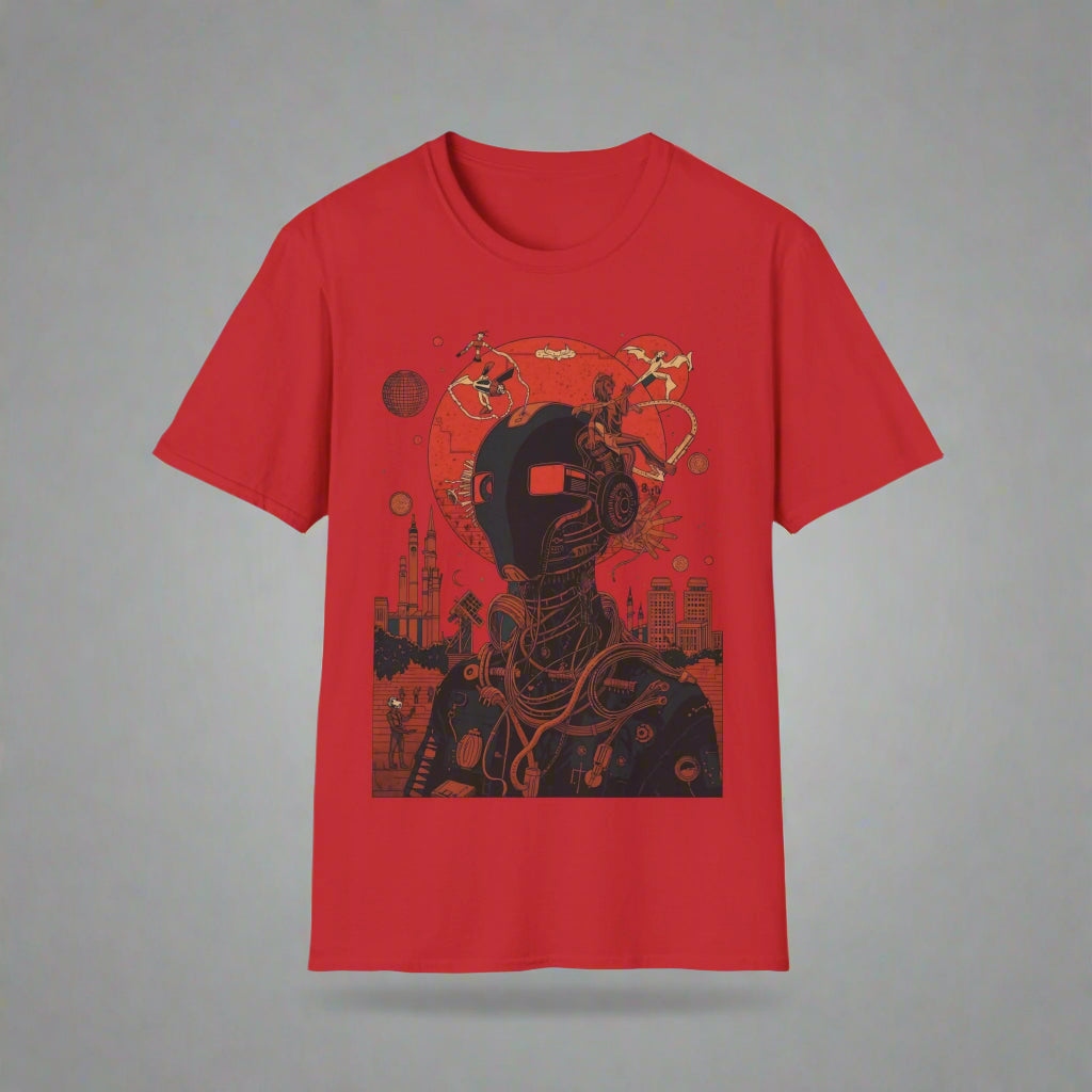 Red t-shirt with a black and orange graphic design