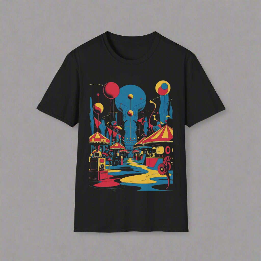 Black t-shirt with colorful graphic design