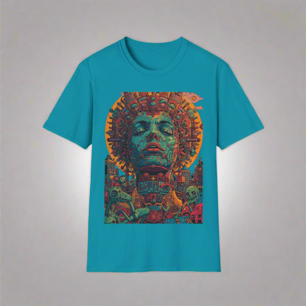 Teal t-shirt with a colorful graphic design