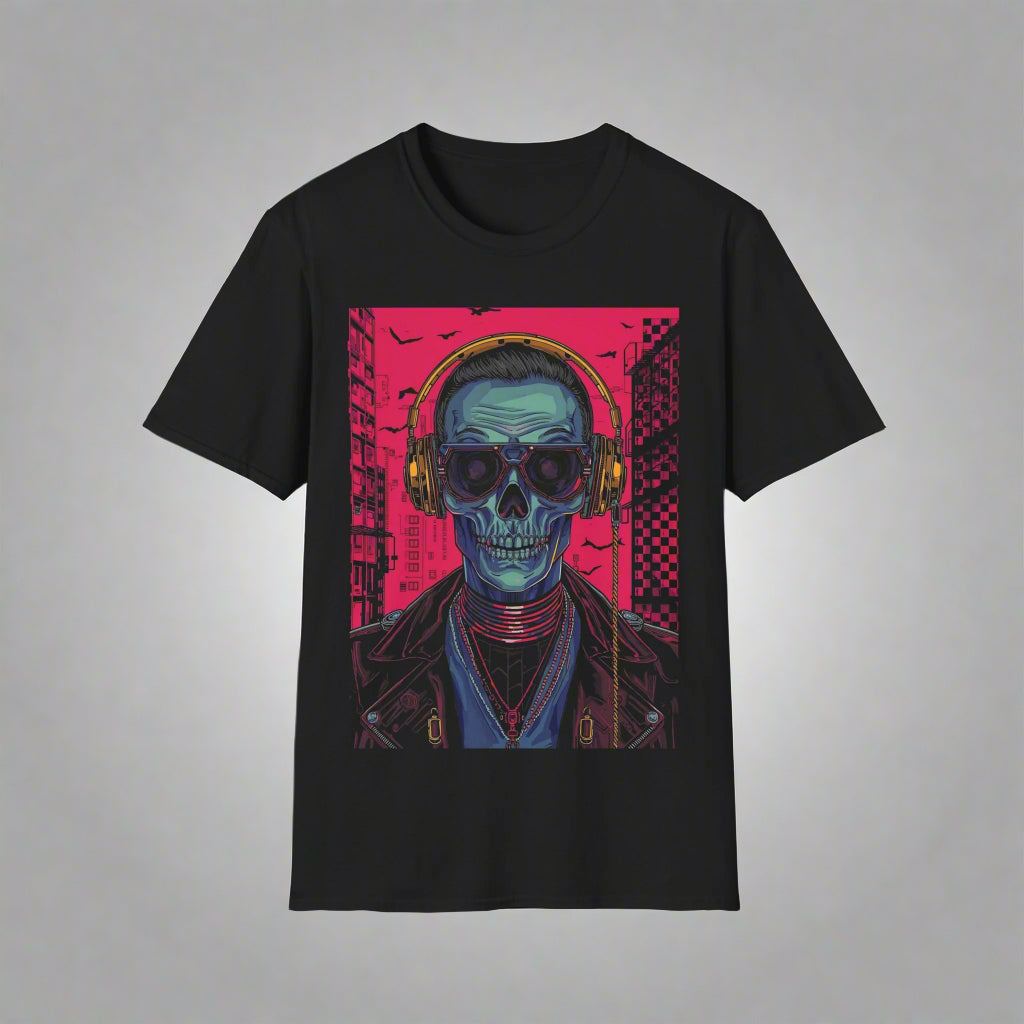 Black t-shirt with a graphic of a skull wearing headphones
