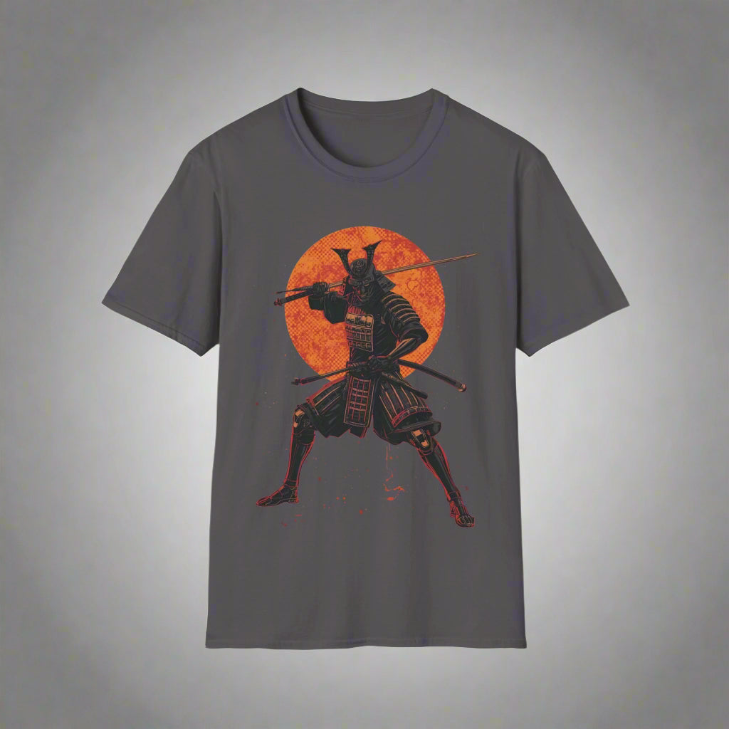 Gray t-shirt with a samurai design on an orange sun