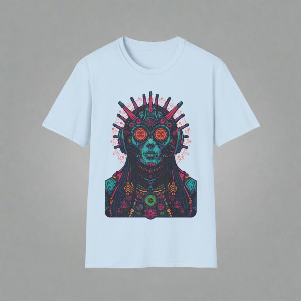 Light blue t-shirt with a colorful graphic design
