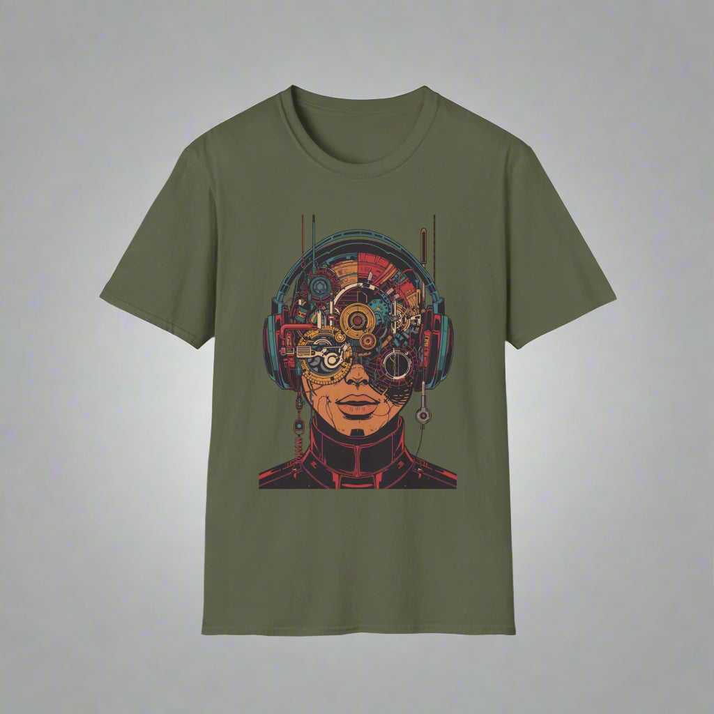 Green t-shirt with a mechanical head design