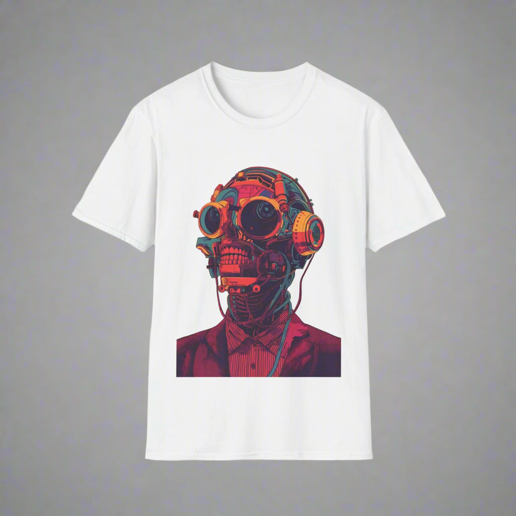 White t-shirt with a graphic of a person wearing a colorful gas mask