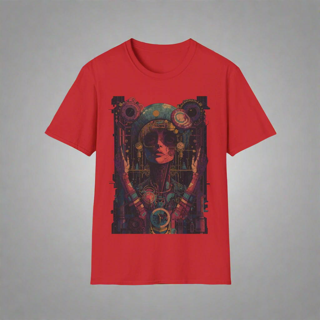Red t-shirt with a graphic design of a person with mechanical elements
