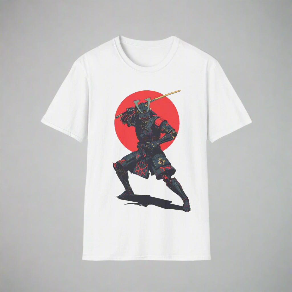 White t-shirt with a black silhouette of a warrior holding a sword