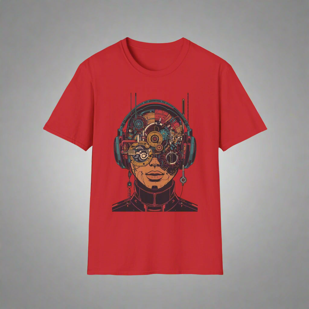 Red t-shirt with a graphic design of a face wearing headphones