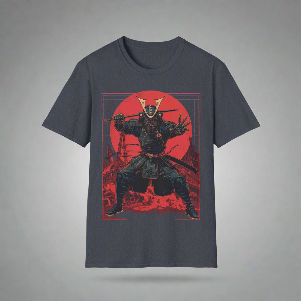 Navy blue t-shirt with a red and black graphic of a warrior