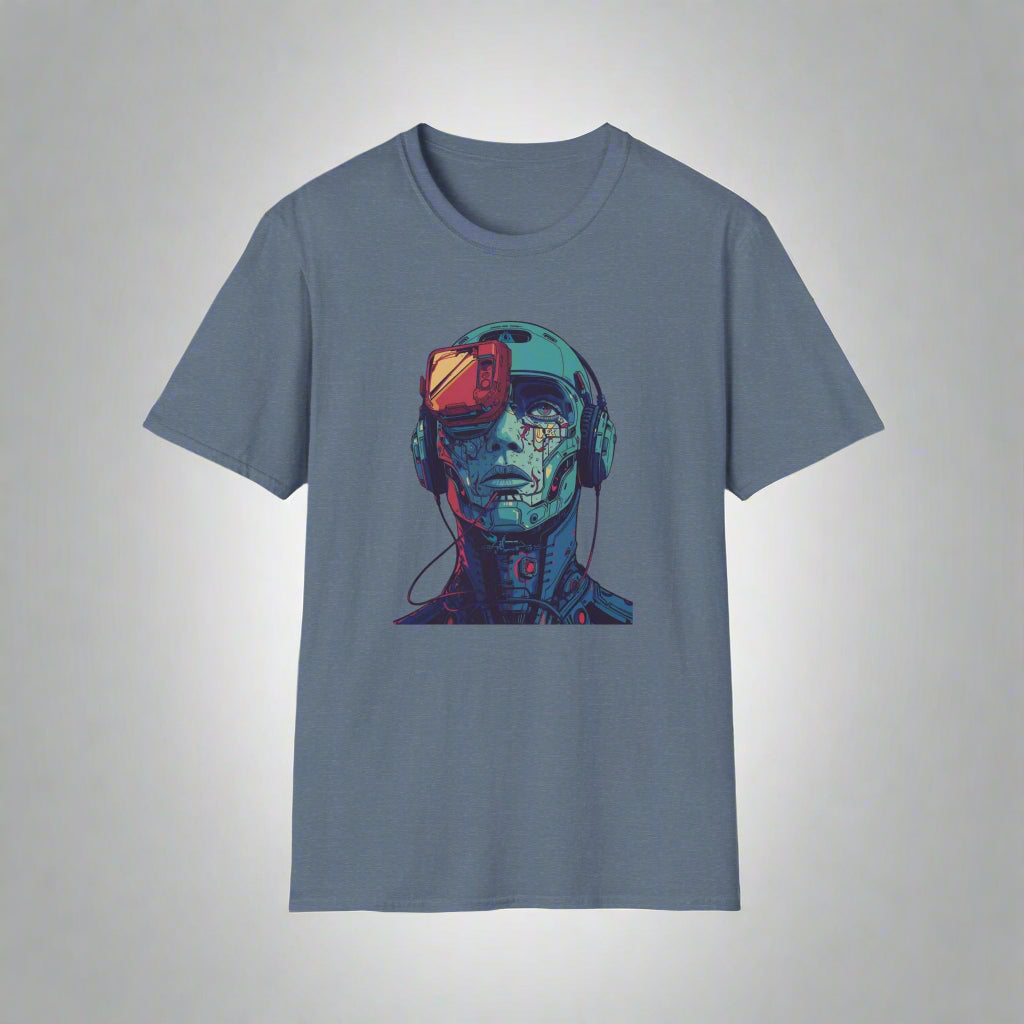 Blue t-shirt with a graphic of a robot head