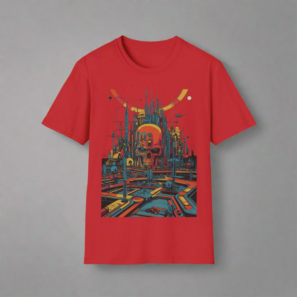 Red t-shirt with a futuristic cityscape design