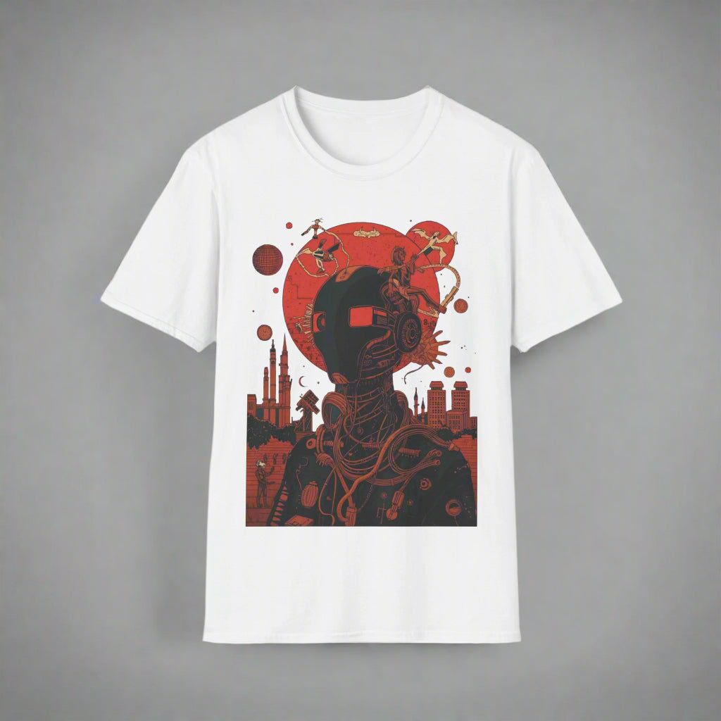 White t-shirt with a red and black robot graphic