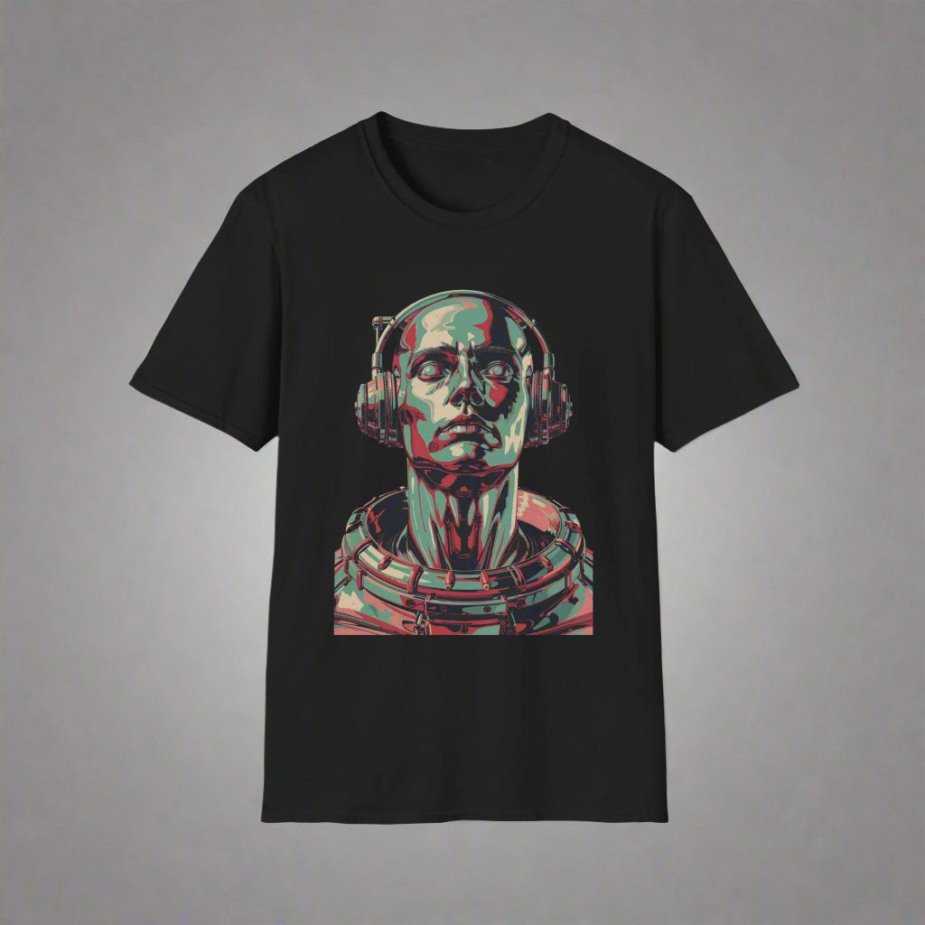 Black t-shirt with a graphic design of a robot head