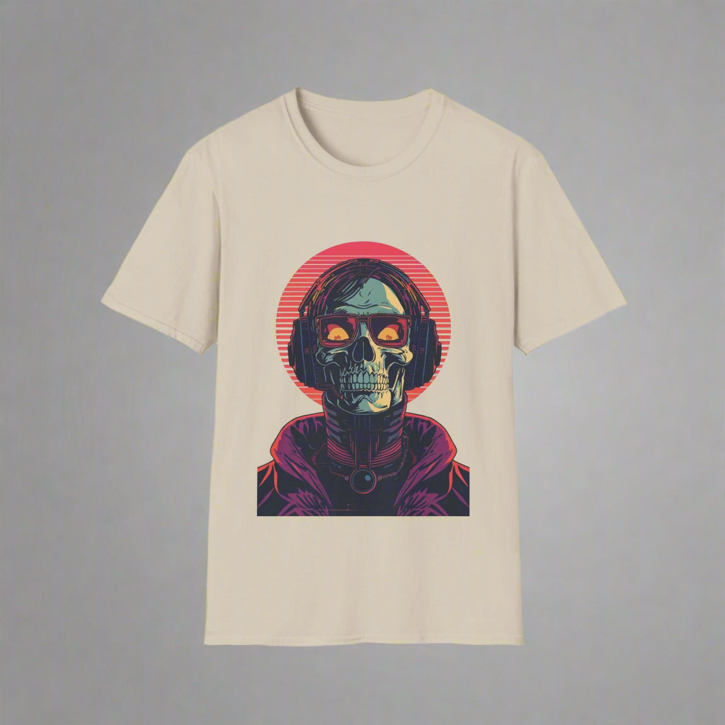 Beige t-shirt with a graphic of a stylized skull and red circle