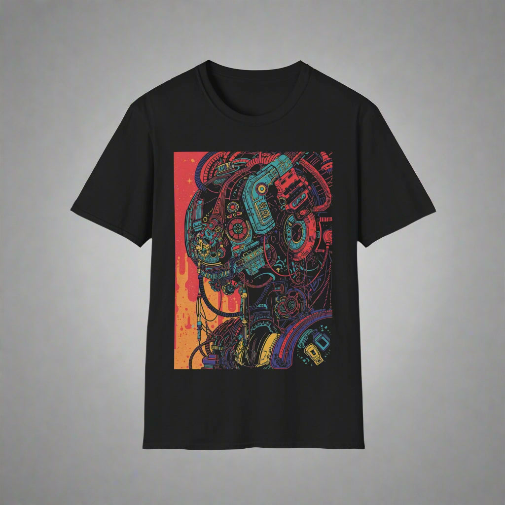 Black t-shirt with a colorful mechanical design