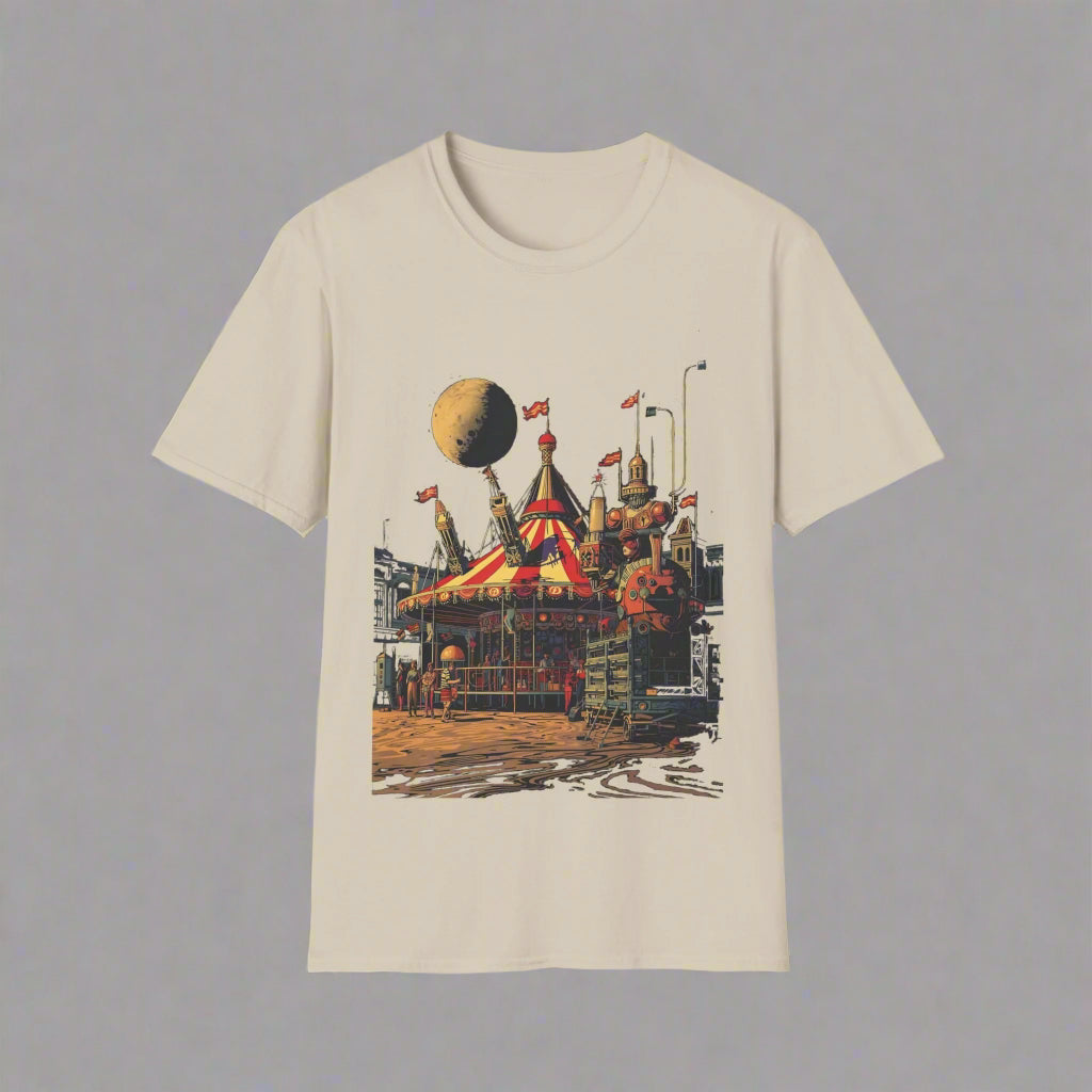 Beige t-shirt with a colorful graphic design
