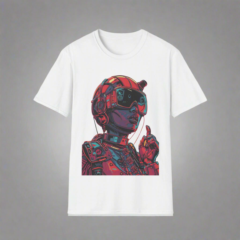 White t-shirt with a colorful graphic of a person wearing goggles and a helmet