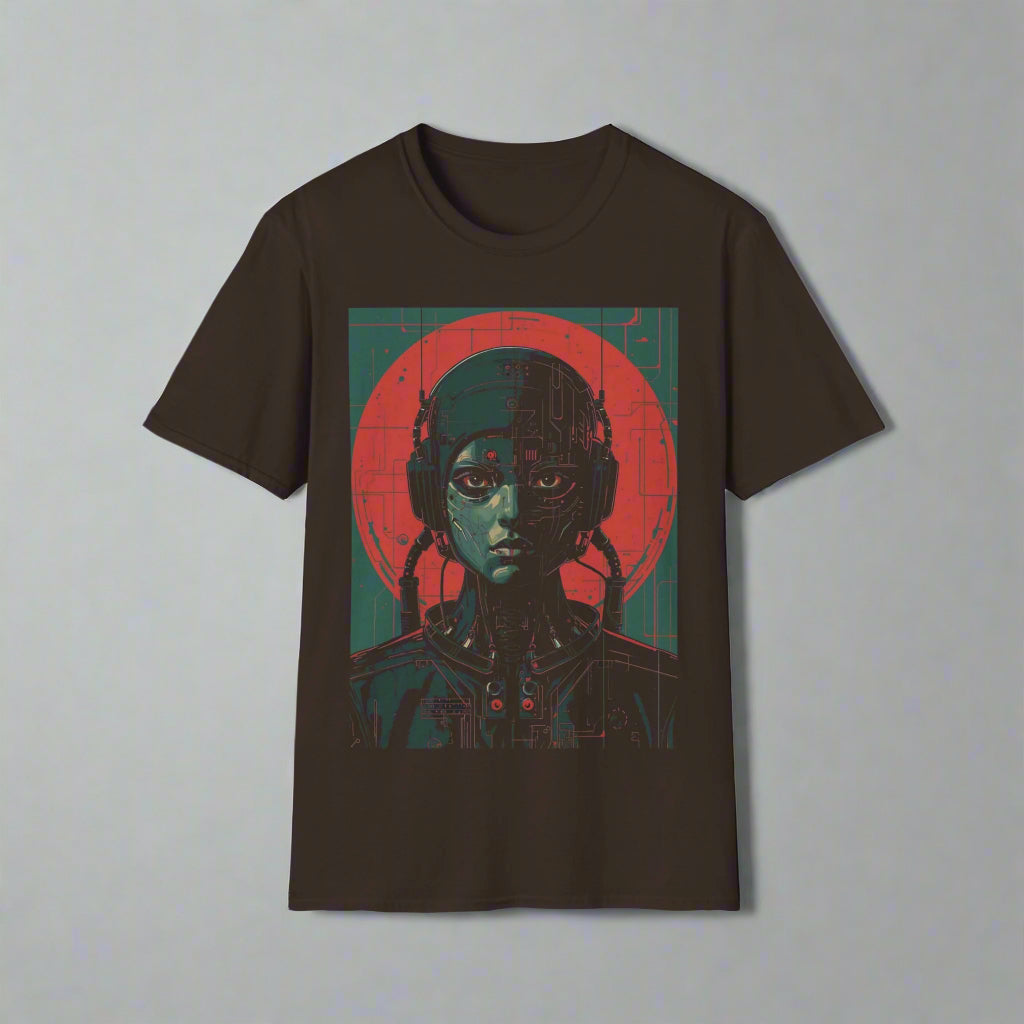 Black t-shirt with a graphic of a woman wearing headphones and a red circle