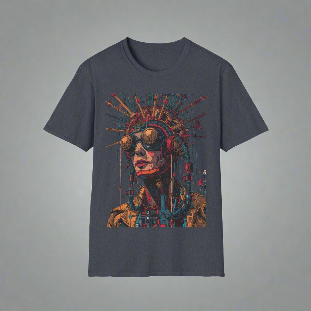 Gray t-shirt with a colorful graphic design