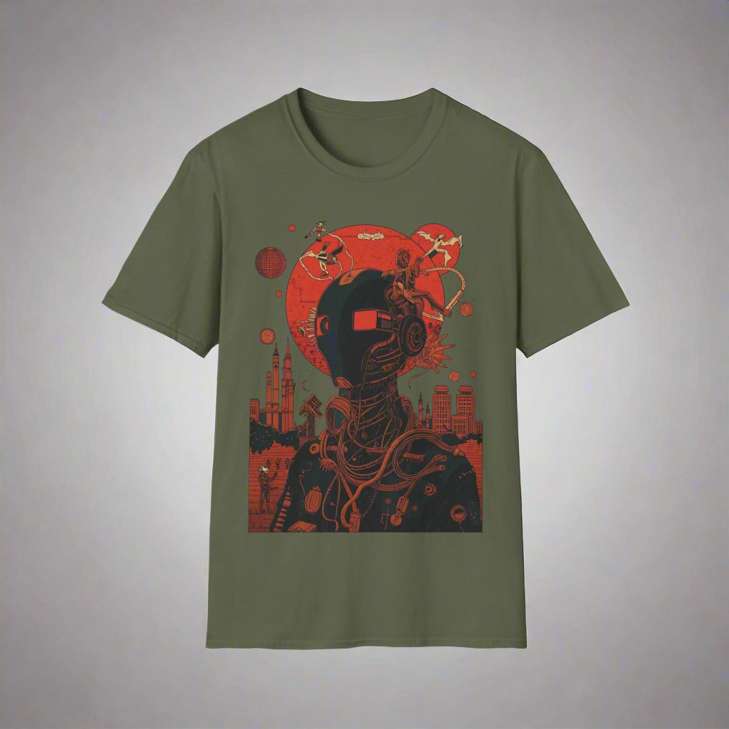 Green t-shirt with a red and black graphic design