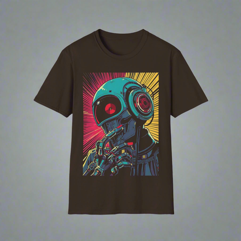 Black t-shirt with a robot graphic design