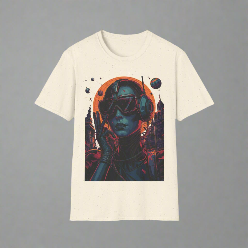 Beige t-shirt with a graphic design of a person wearing goggles and headphones