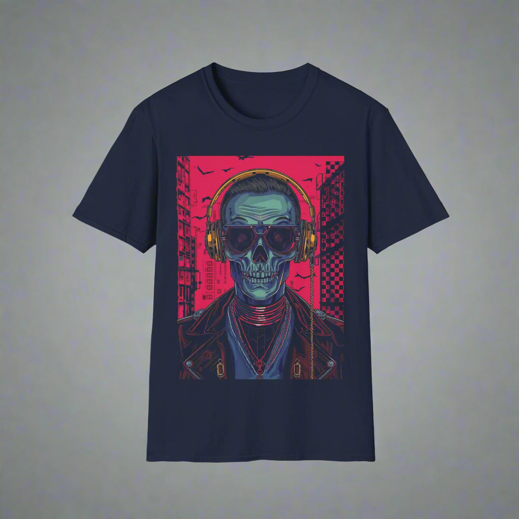 Navy blue t-shirt with a graphic of a skull wearing headphones
