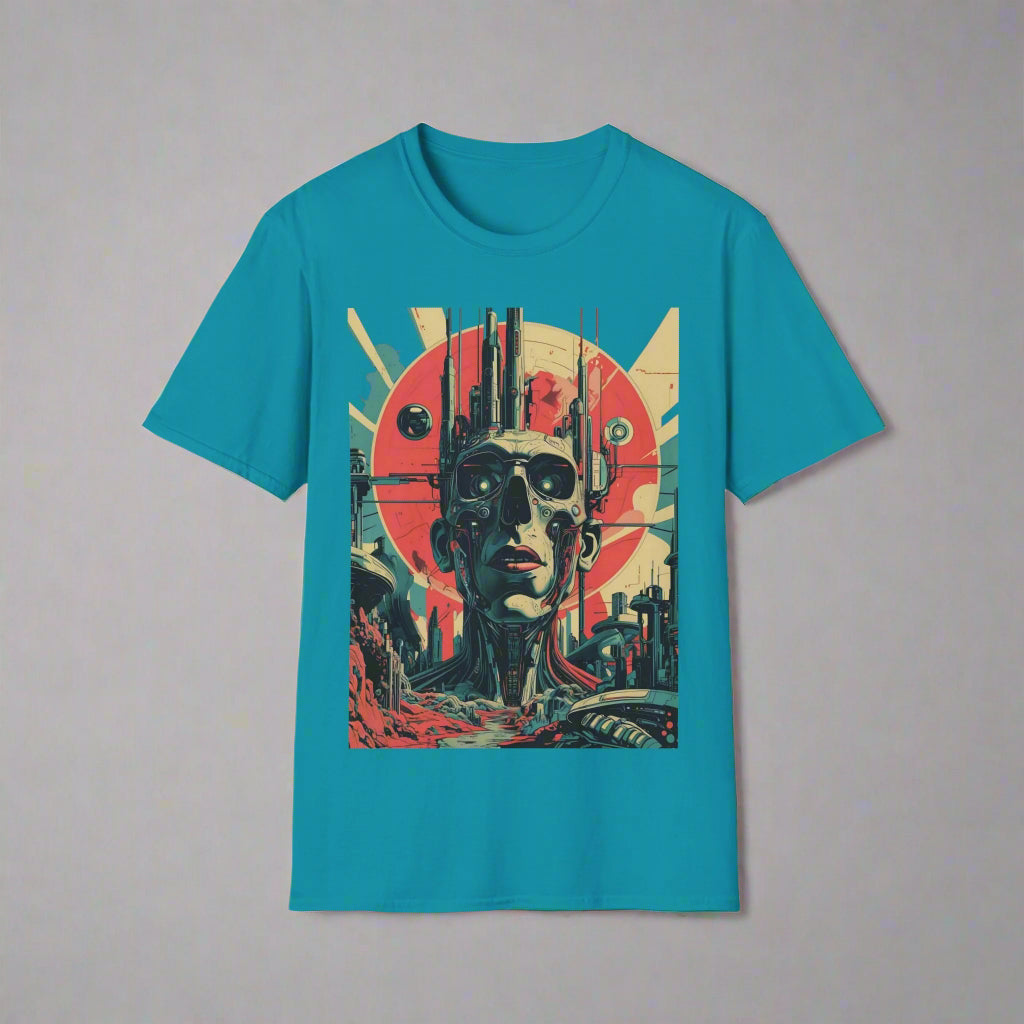 Teal t-shirt with a graphic design of a robot head and cityscape