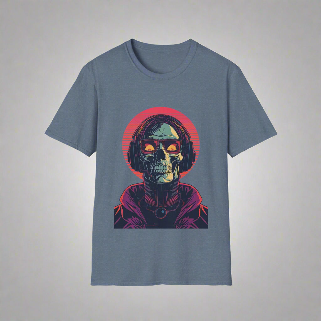 Blue t-shirt with a graphic of a skull wearing headphones